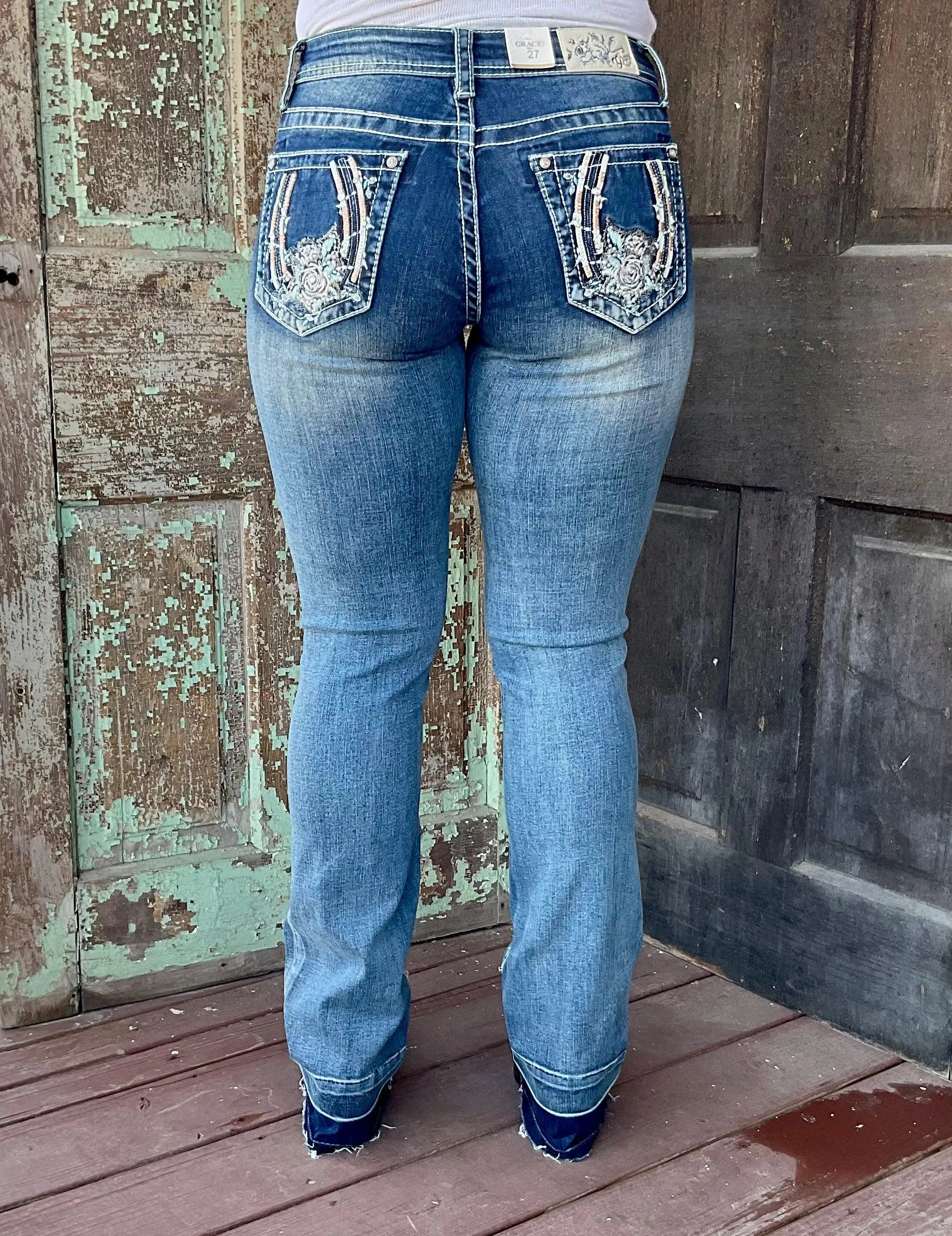 Grace in LA Easy Fit Women's Embellished Horse Shoe Bootcut Jeans EBS499