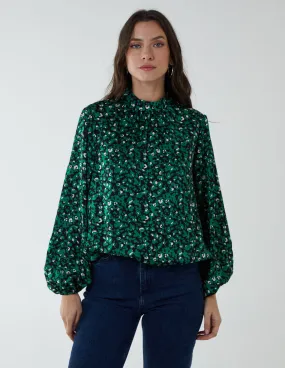 High Neck Leopard Print Satin Blouson Top