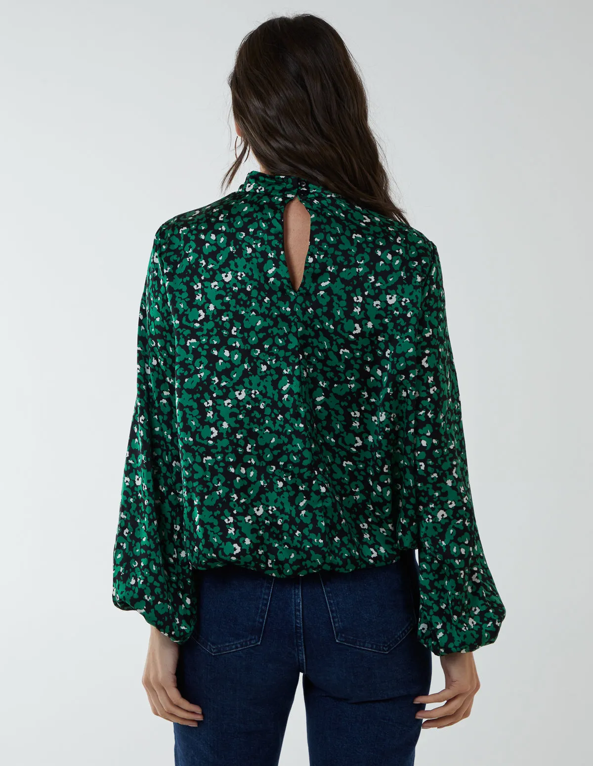 High Neck Leopard Print Satin Blouson Top