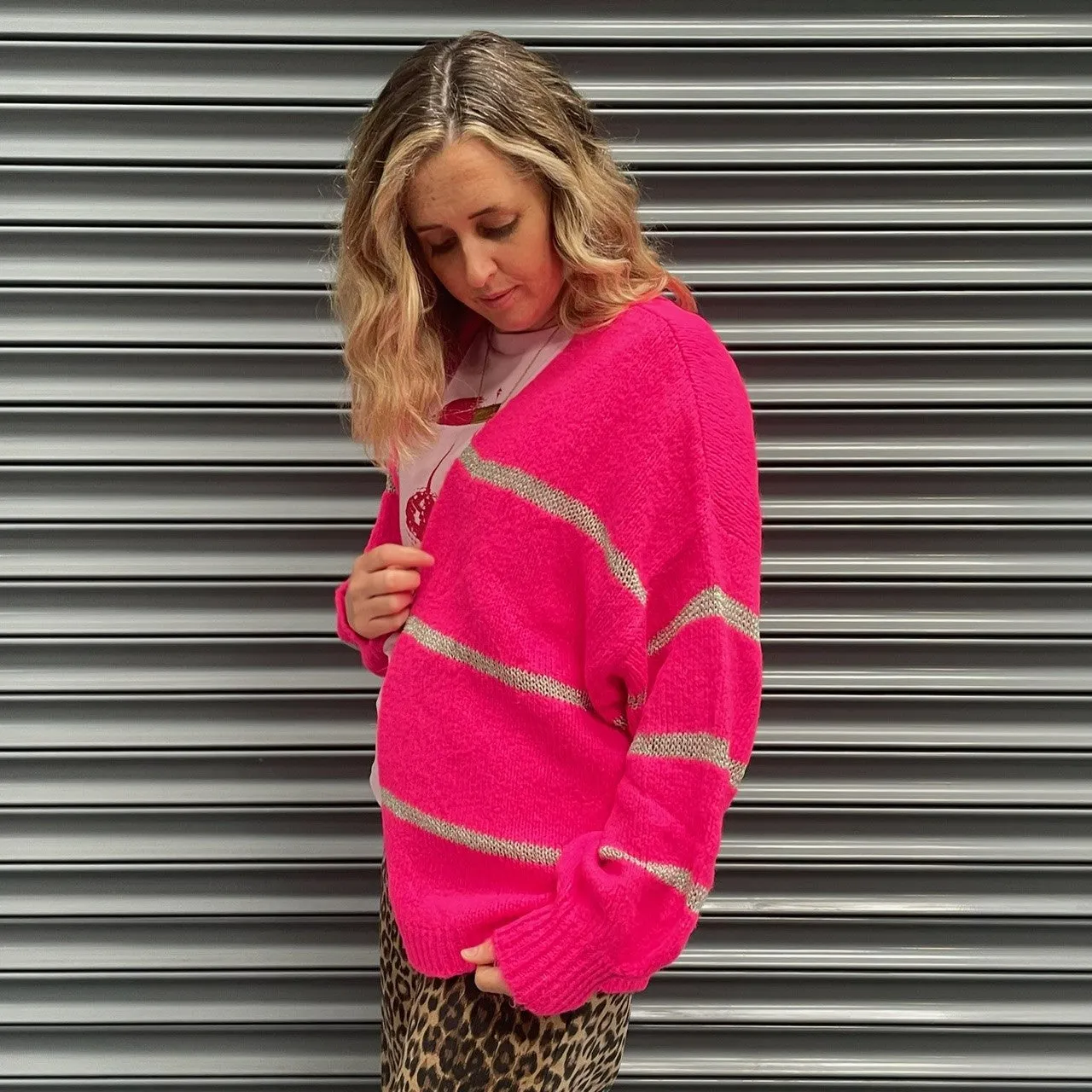 Hot Pink Disco Cardigan With Metallic Stripe - ONE SIZE