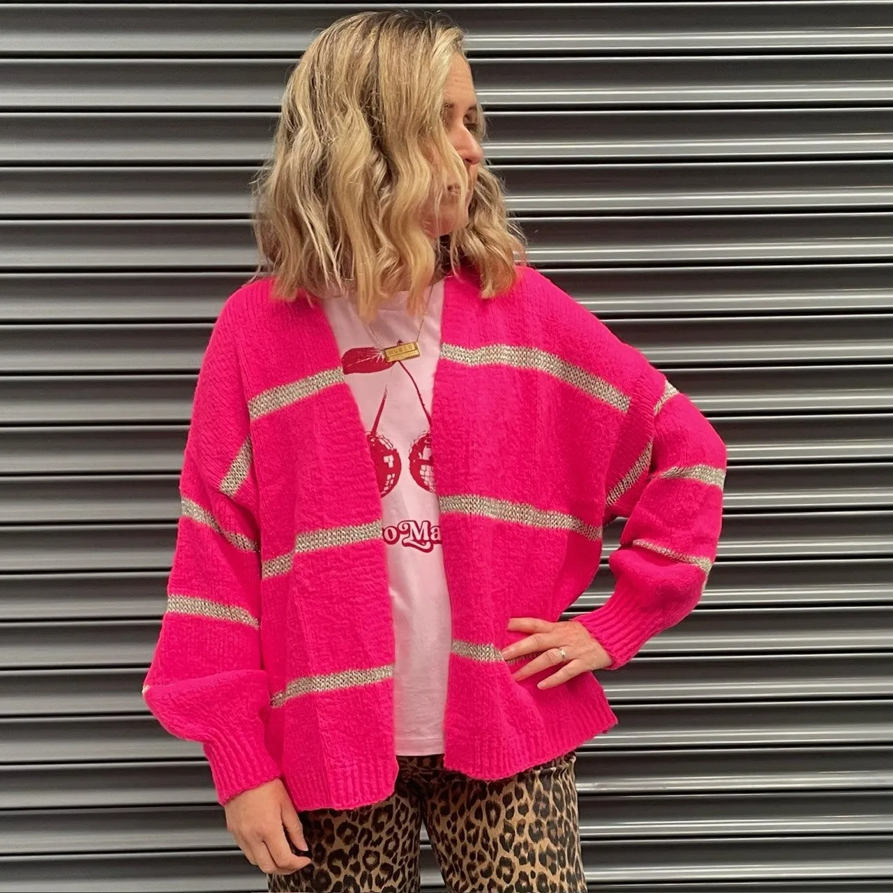 Hot Pink Disco Cardigan With Metallic Stripe - ONE SIZE