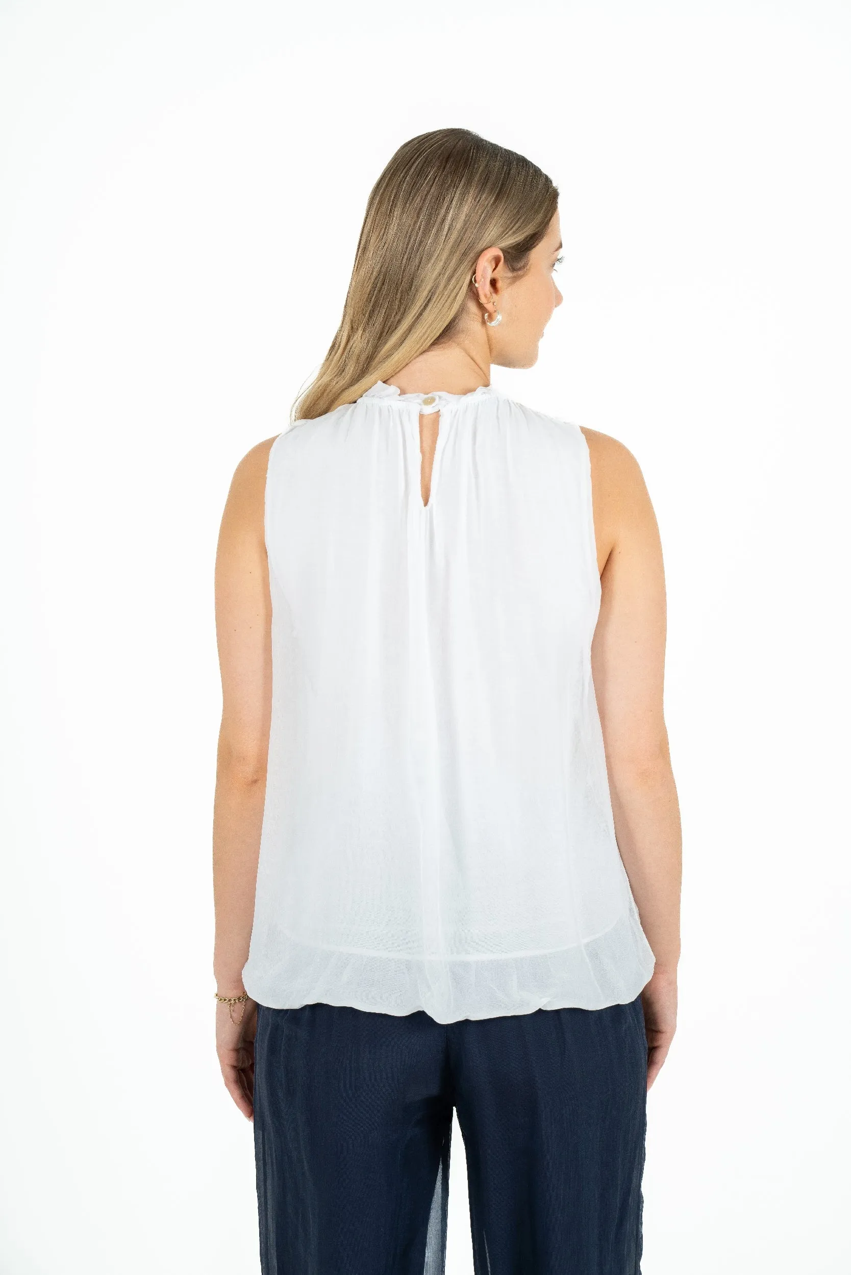 M Made in Italy – Gathered Ruffle Sleeveless Crew-Neck Top