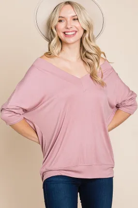 Mauve Pink Rib Modal Casual 3/4 Sleeves Dolman Sleeves Top_