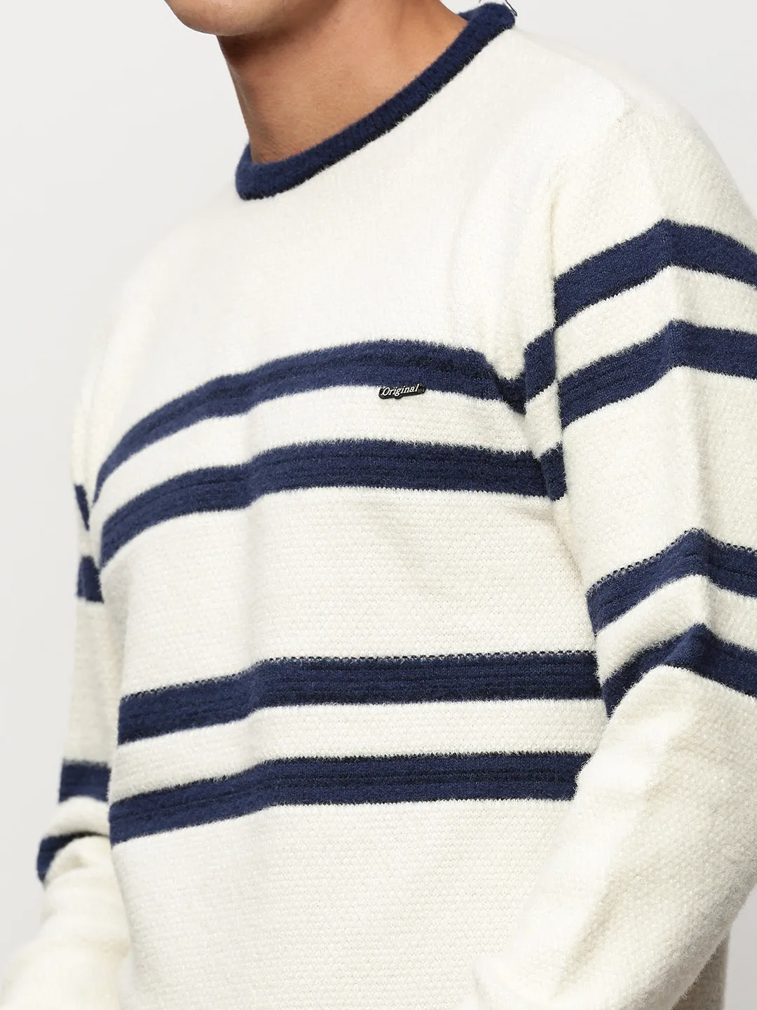 Men White Striped Casual Sweaters