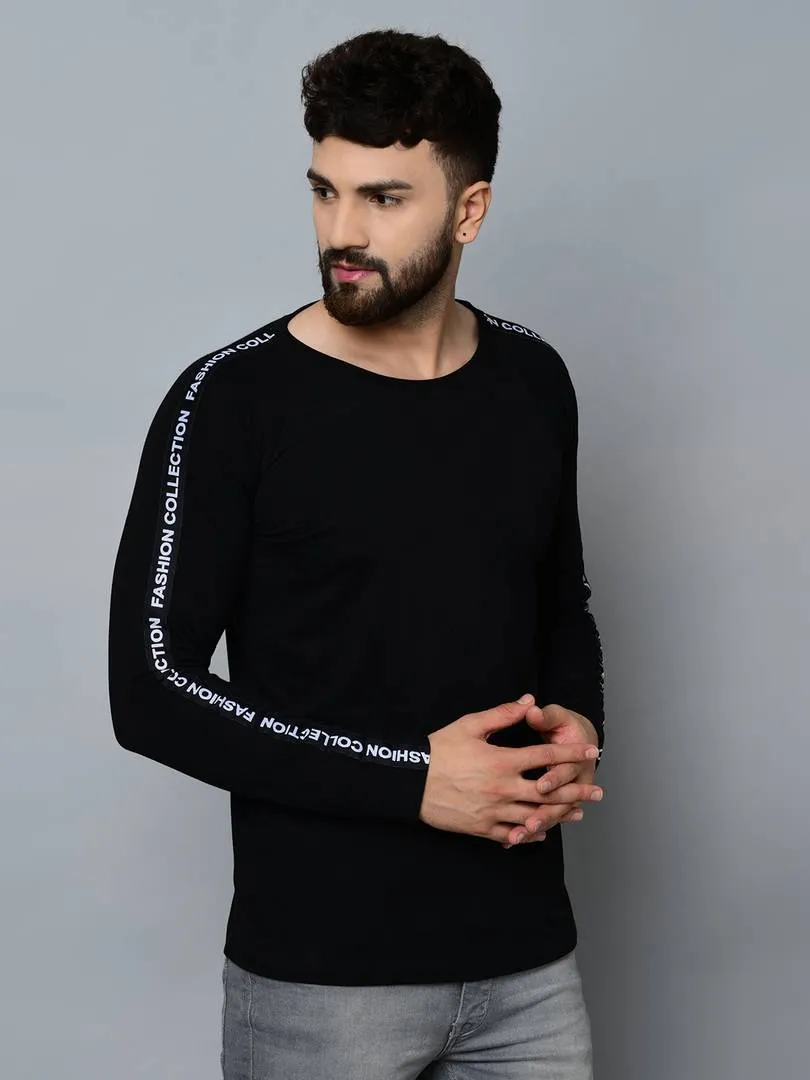 Men's Black Cotton Blend Self Pattern Round Neck Tees