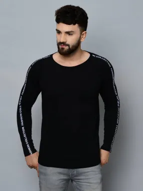 Men's Black Cotton Blend Self Pattern Round Neck Tees