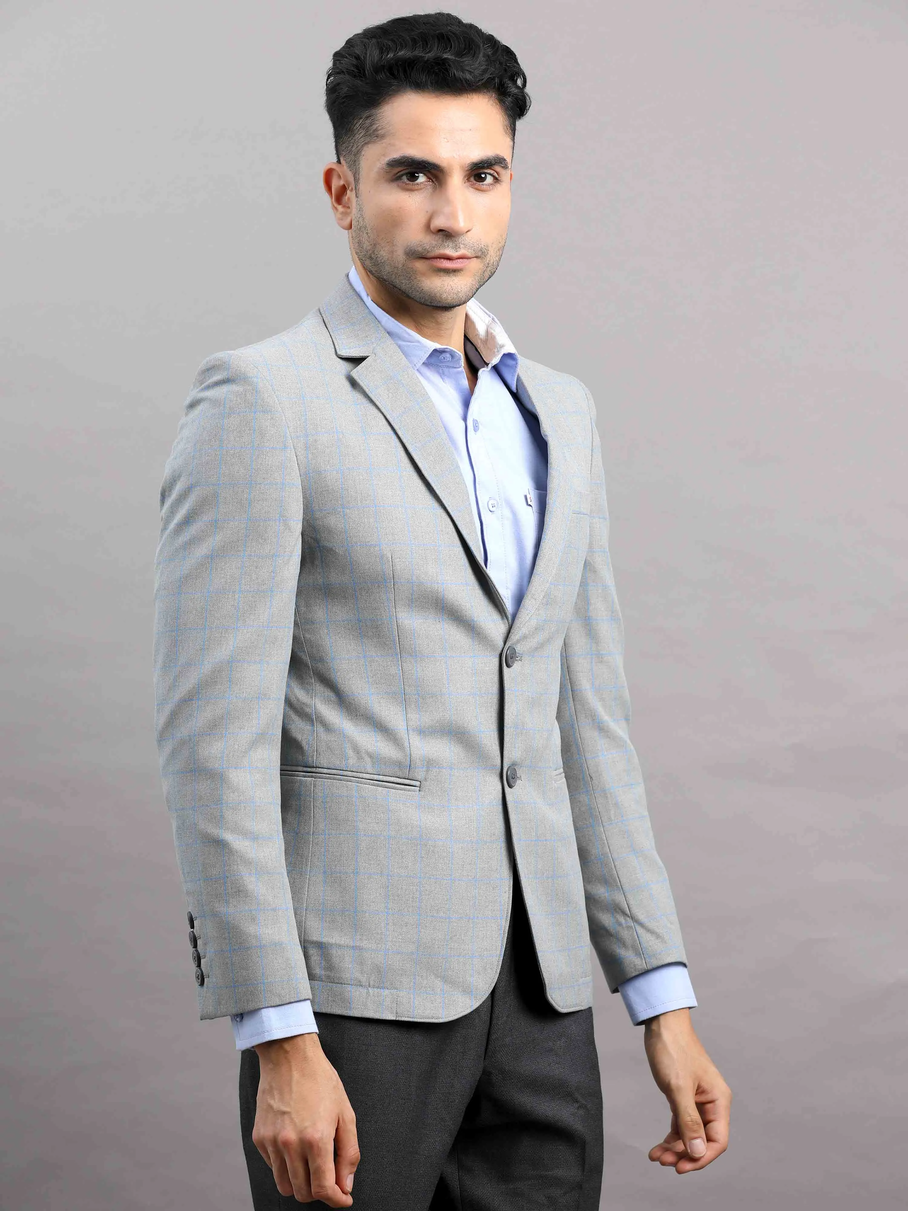 Men's Grey Slim Fit Cotton Blend Full Sleeve Checks Casual Blazer