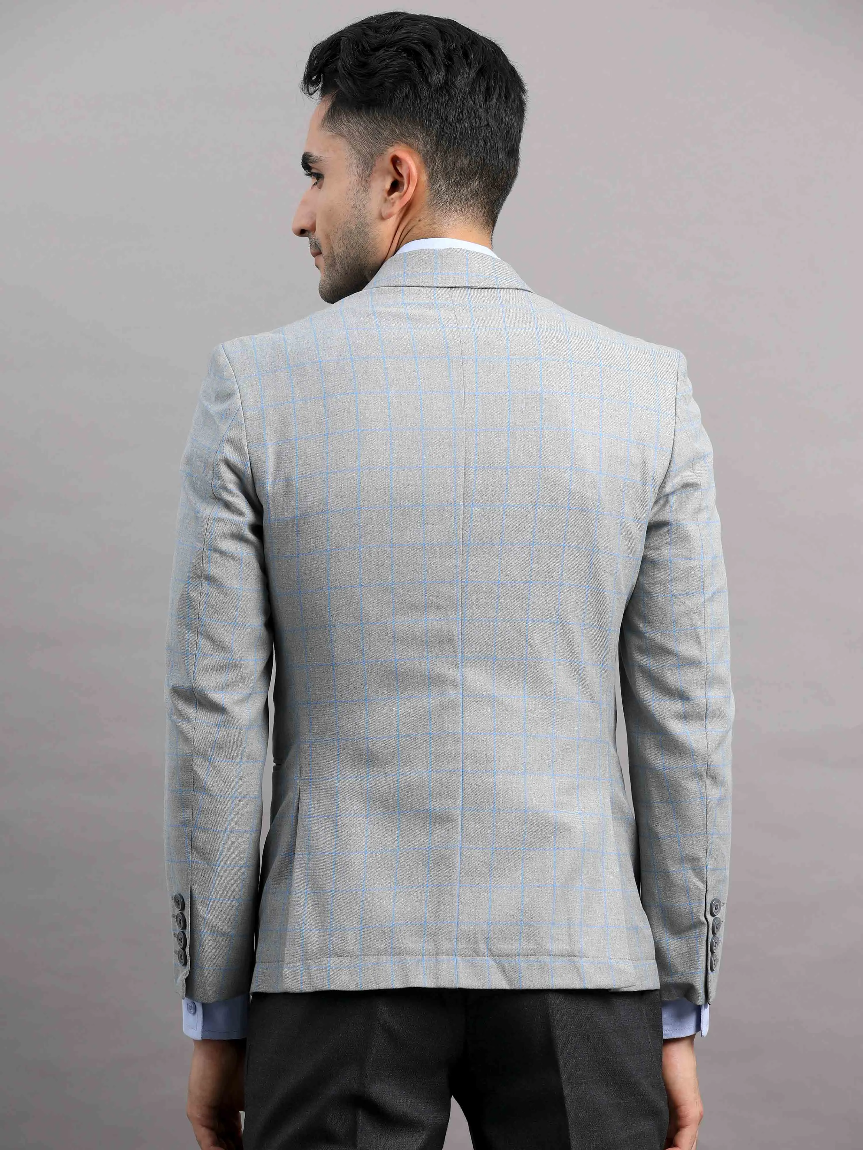 Men's Grey Slim Fit Cotton Blend Full Sleeve Checks Casual Blazer