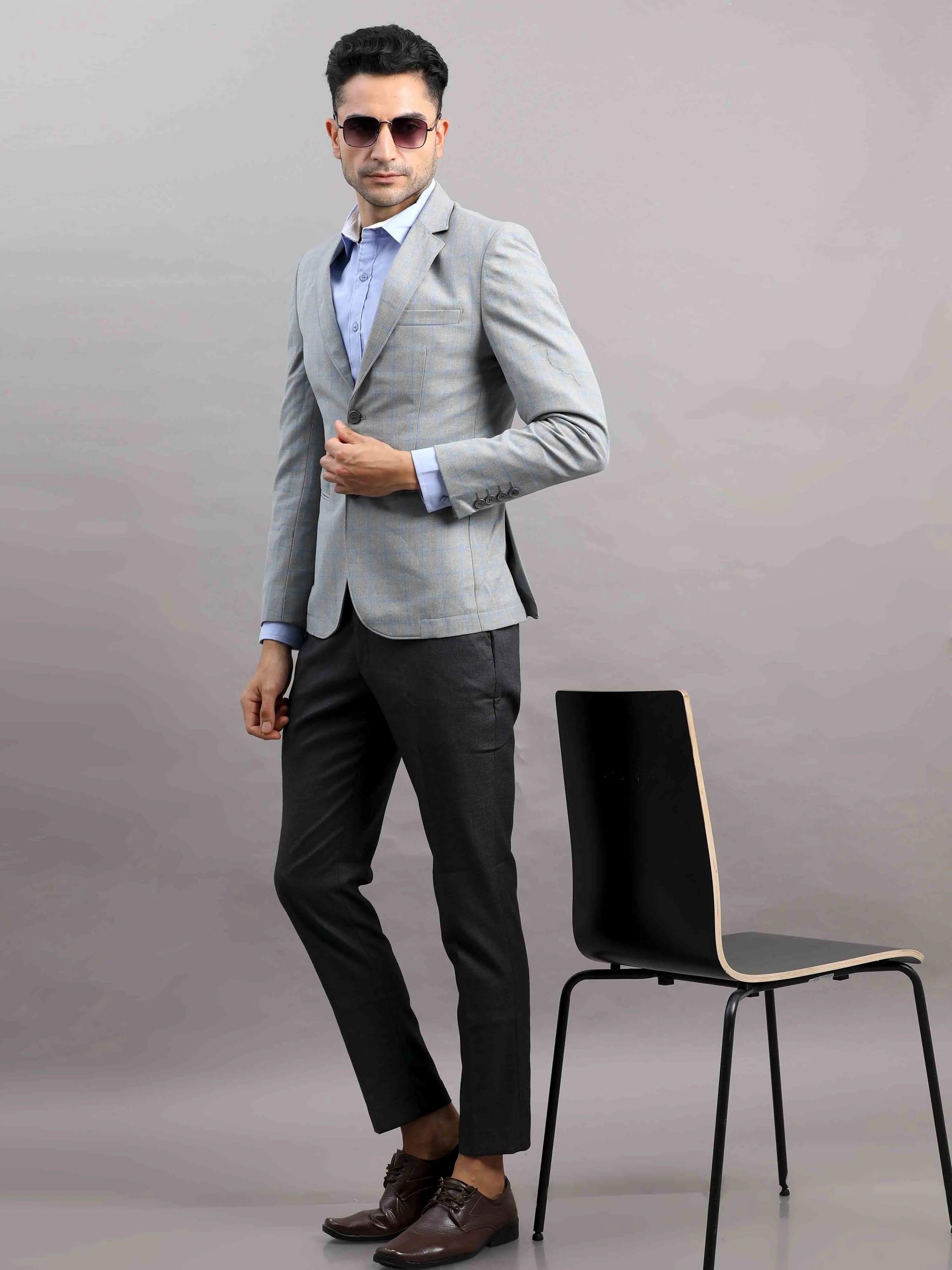 Men's Grey Slim Fit Cotton Blend Full Sleeve Checks Casual Blazer