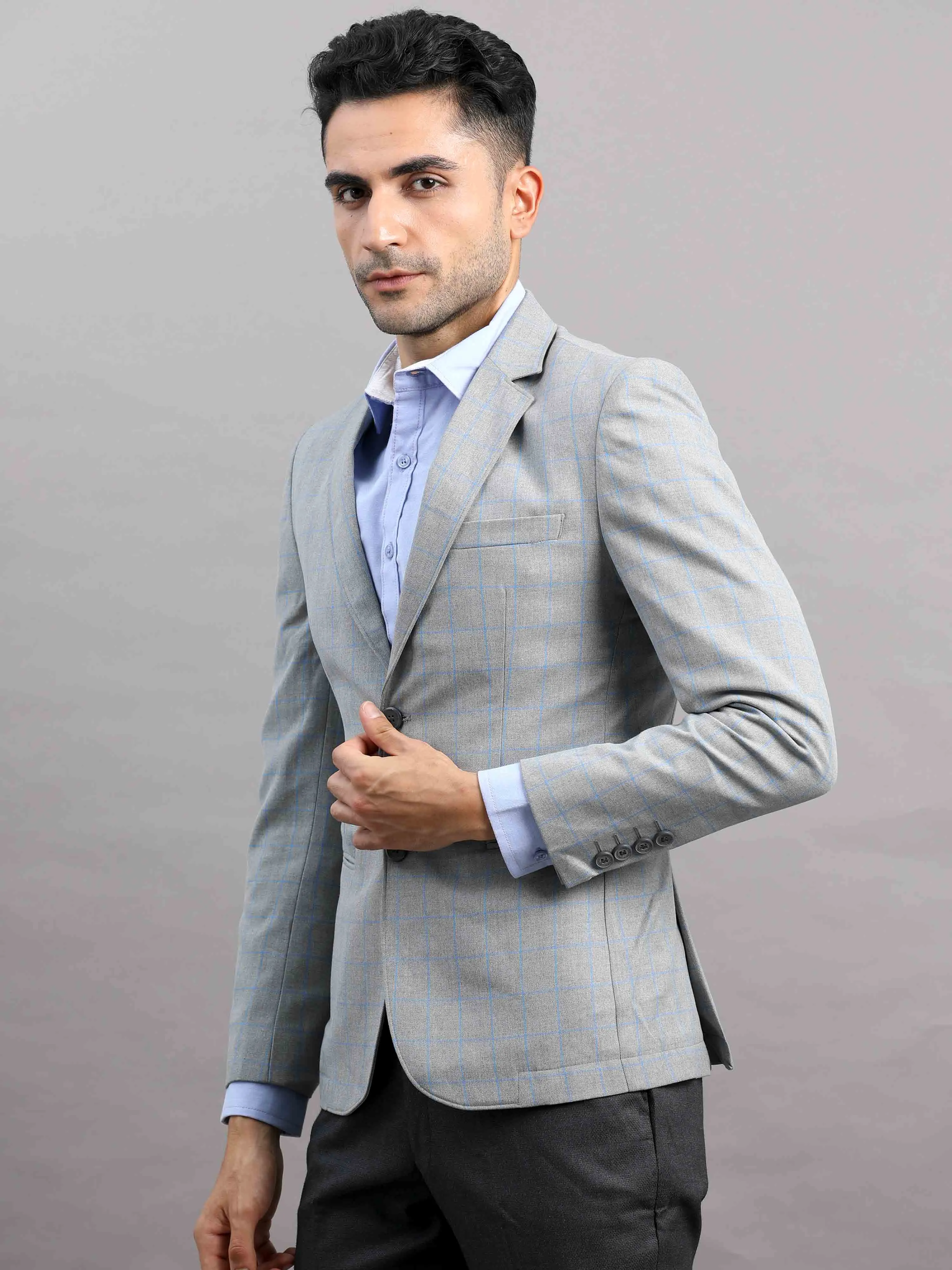 Men's Grey Slim Fit Cotton Blend Full Sleeve Checks Casual Blazer