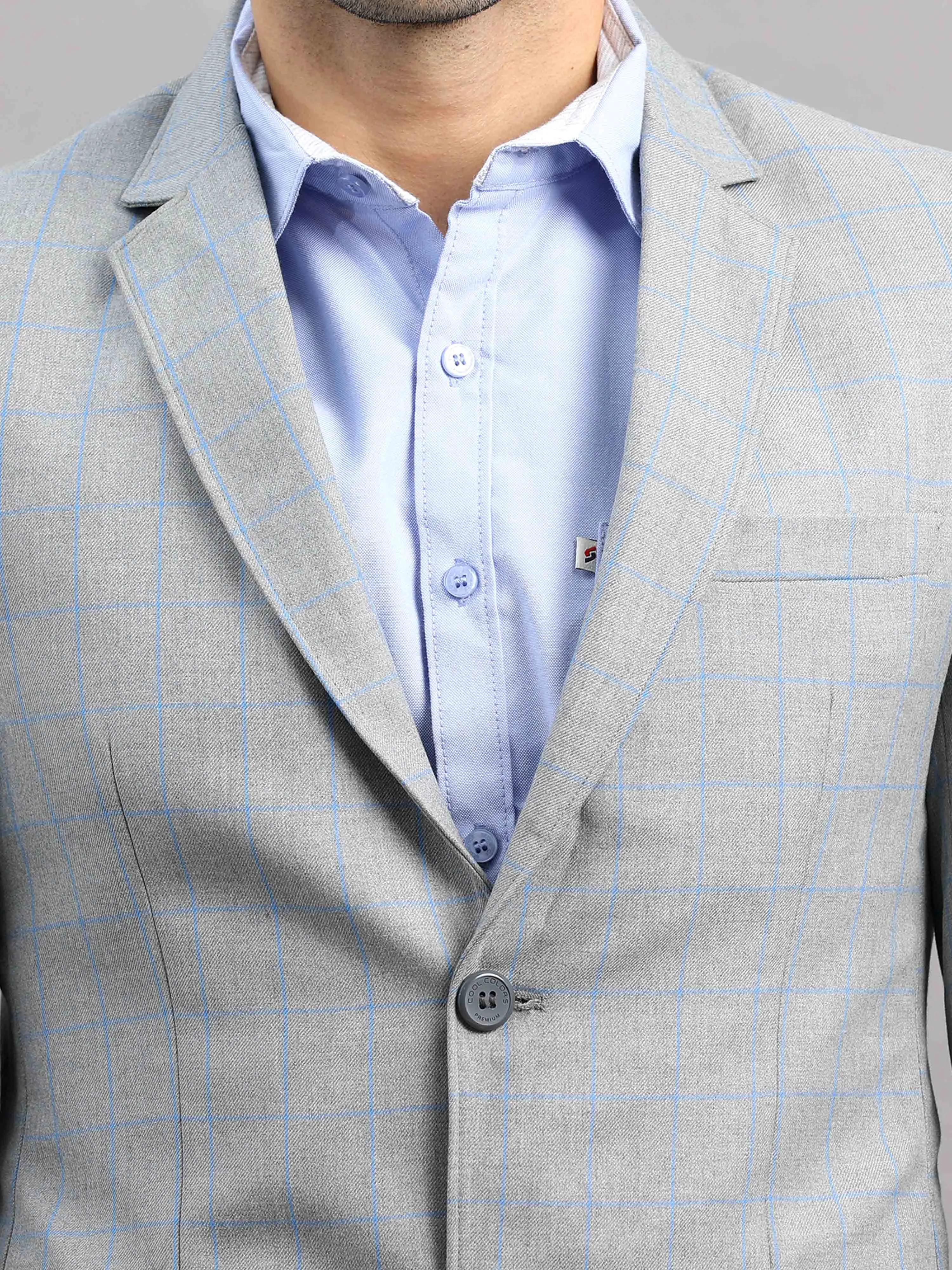 Men's Grey Slim Fit Cotton Blend Full Sleeve Checks Casual Blazer