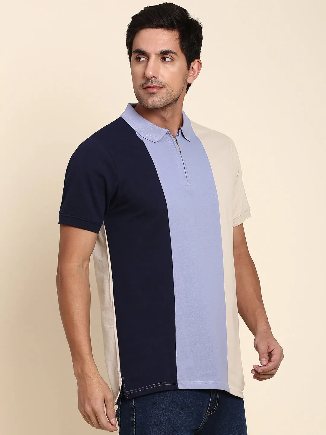 Men's Pure Cotton Color Block Half Sleeves Polo T-Shirt (Navy)