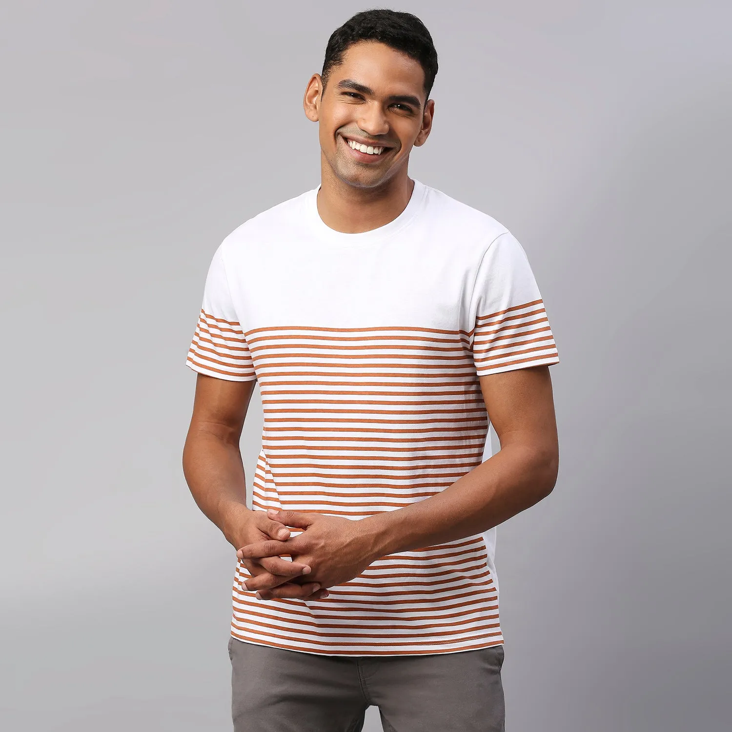 Men's Pure Cotton Striped Half Sleeves Casual T-Shirt (Rust)