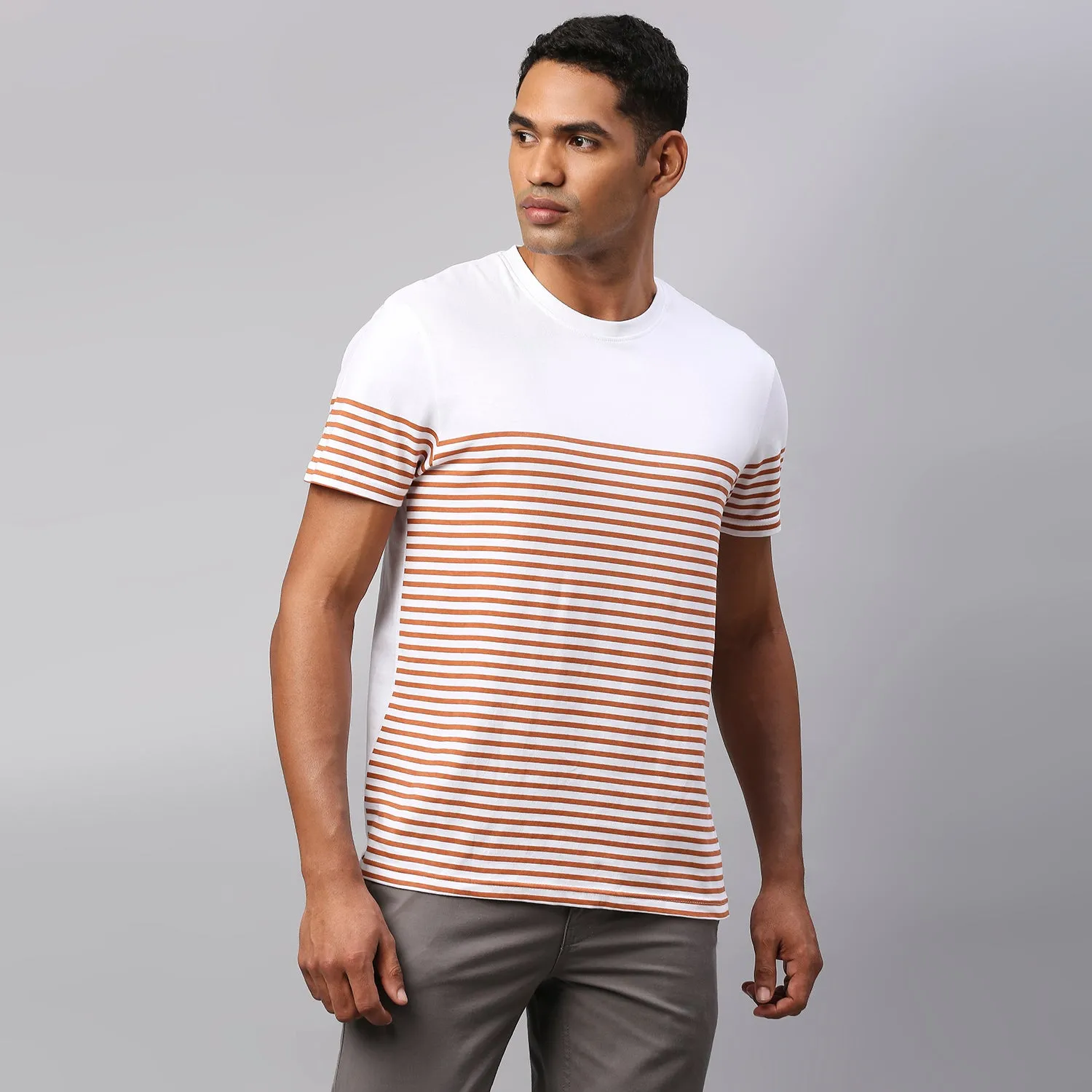 Men's Pure Cotton Striped Half Sleeves Casual T-Shirt (Rust)