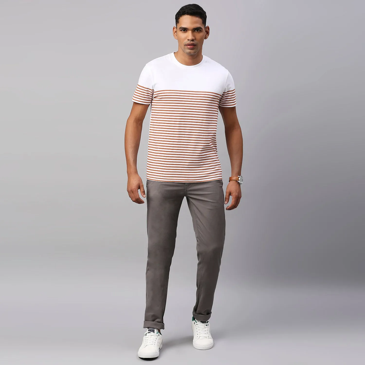 Men's Pure Cotton Striped Half Sleeves Casual T-Shirt (Rust)