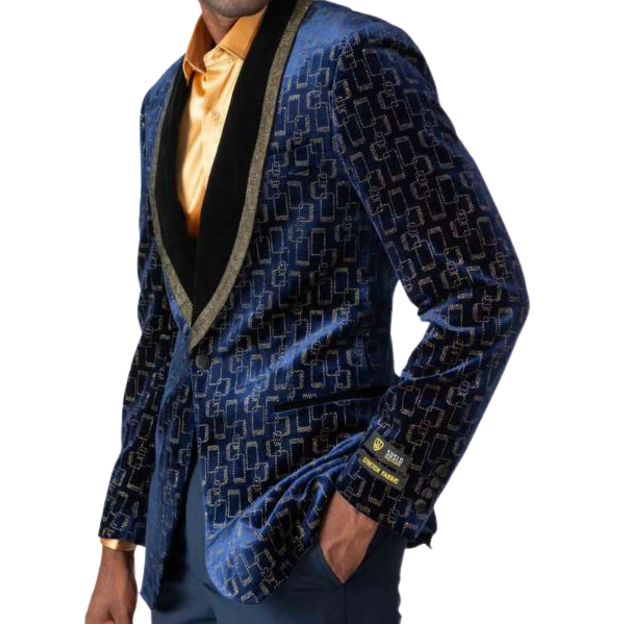 Men’s Royal Blue Velvet Tuxedo Blazer with Gold Trim – Prom & Wedding