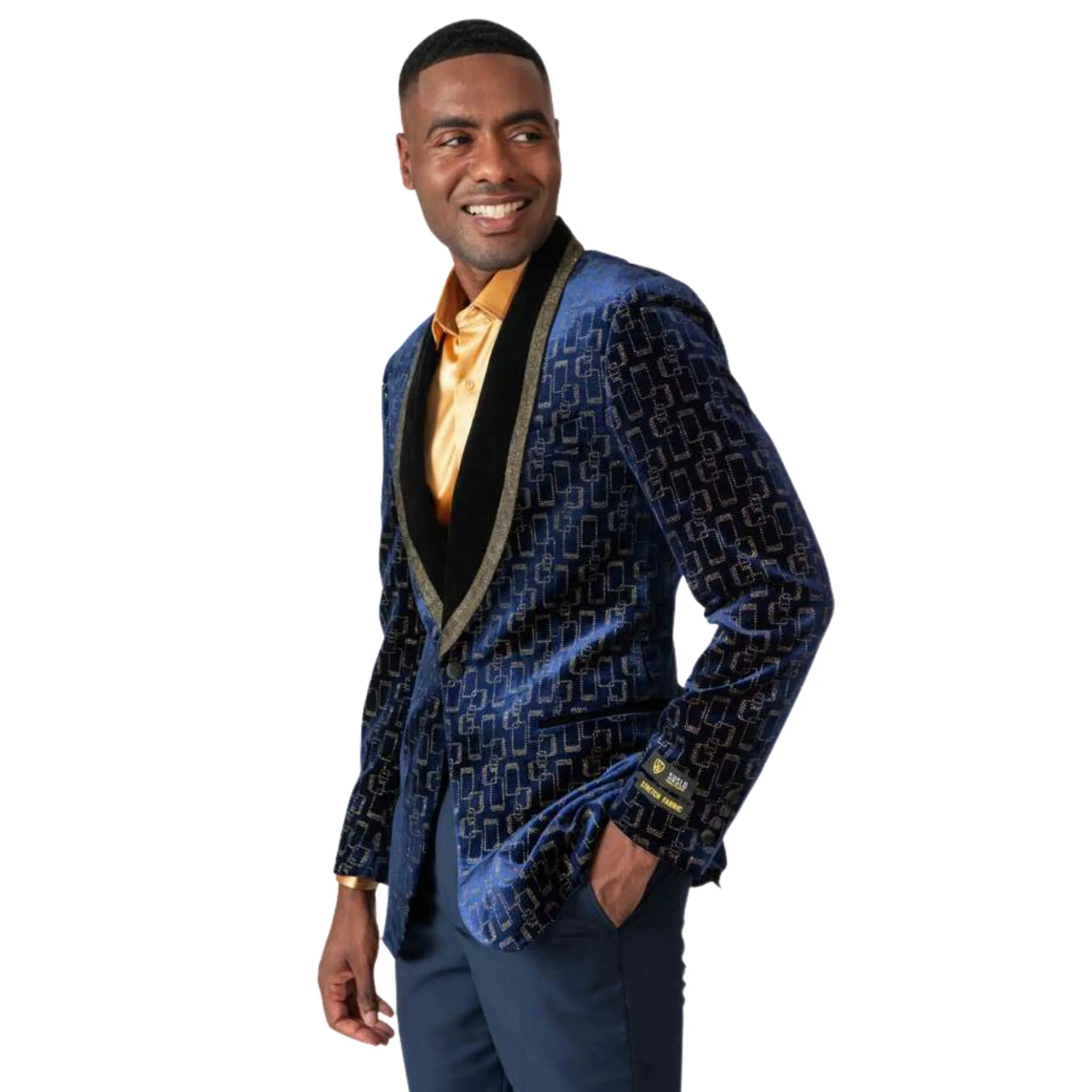 Men’s Royal Blue Velvet Tuxedo Blazer with Gold Trim – Prom & Wedding