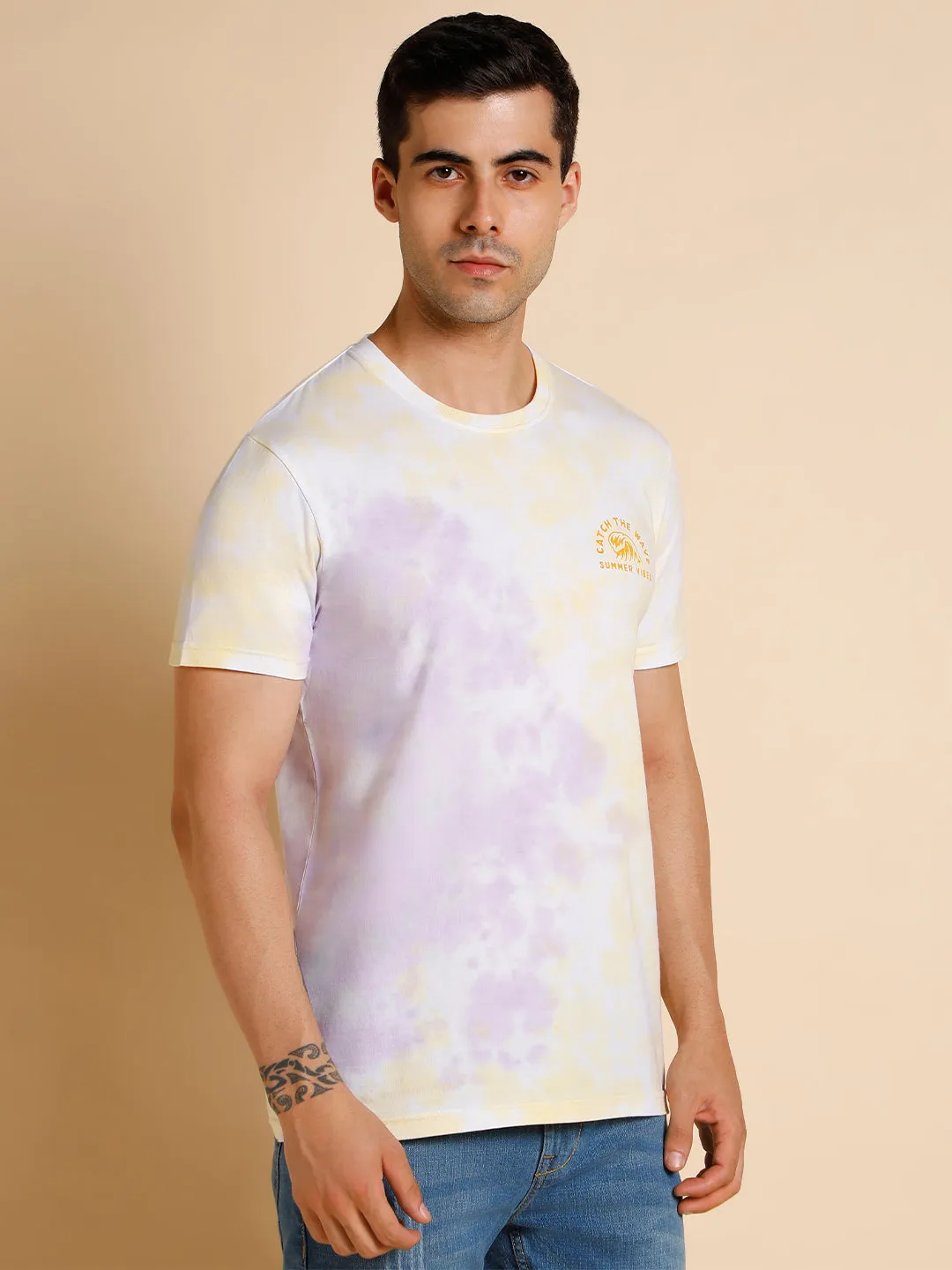 Men's Slim Fit  Solid Lilac Crew- Neck T-Shirt