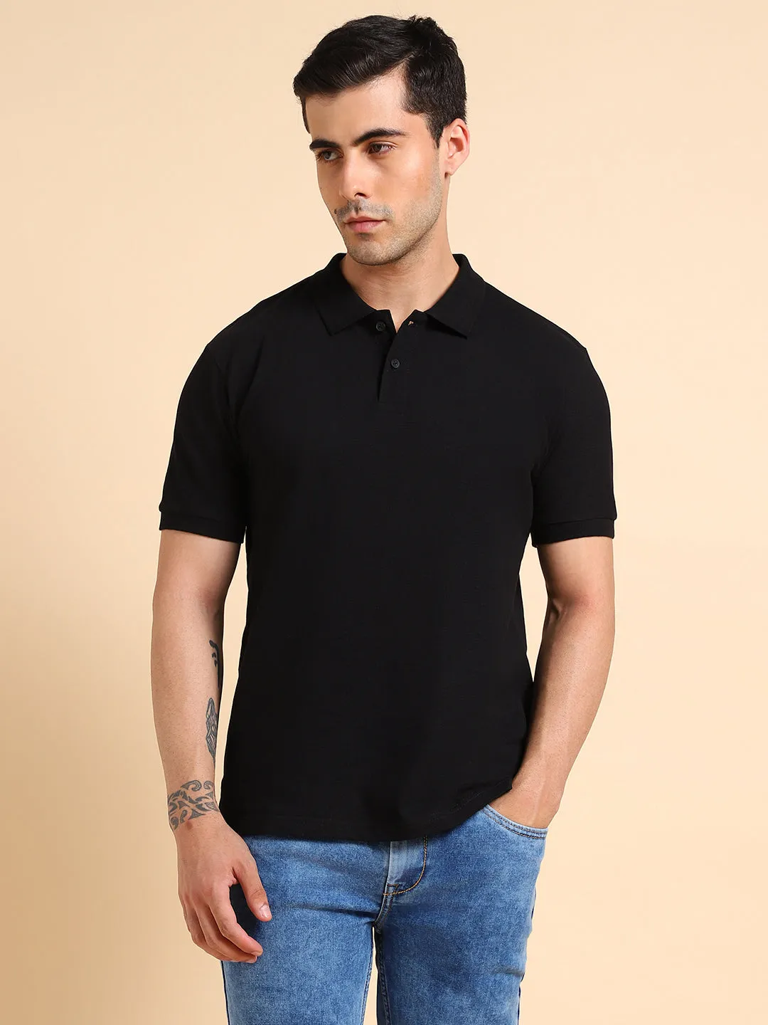 Men's Solid Black Polo Collar T-shirt