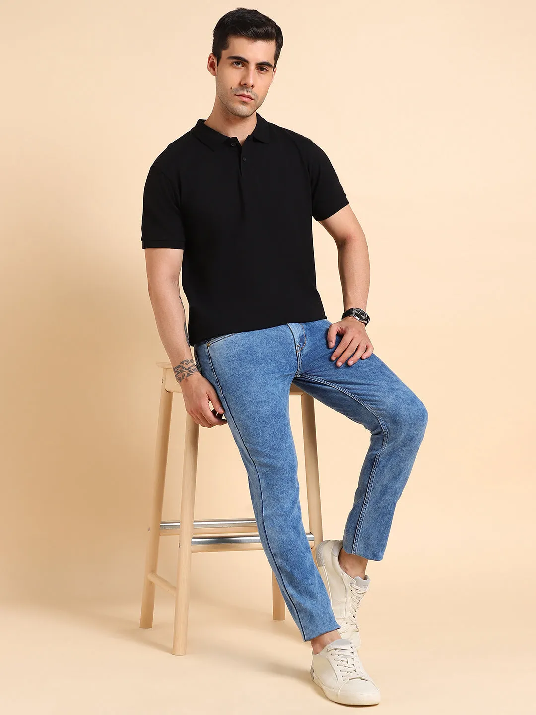 Men's Solid Black Polo Collar T-shirt