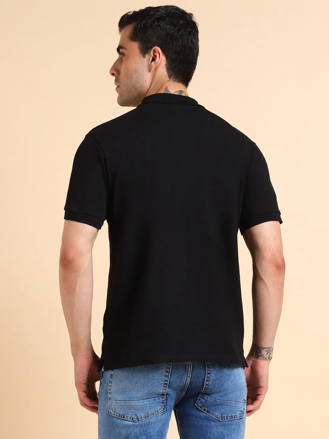 Men's Solid Black Polo Collar T-shirt