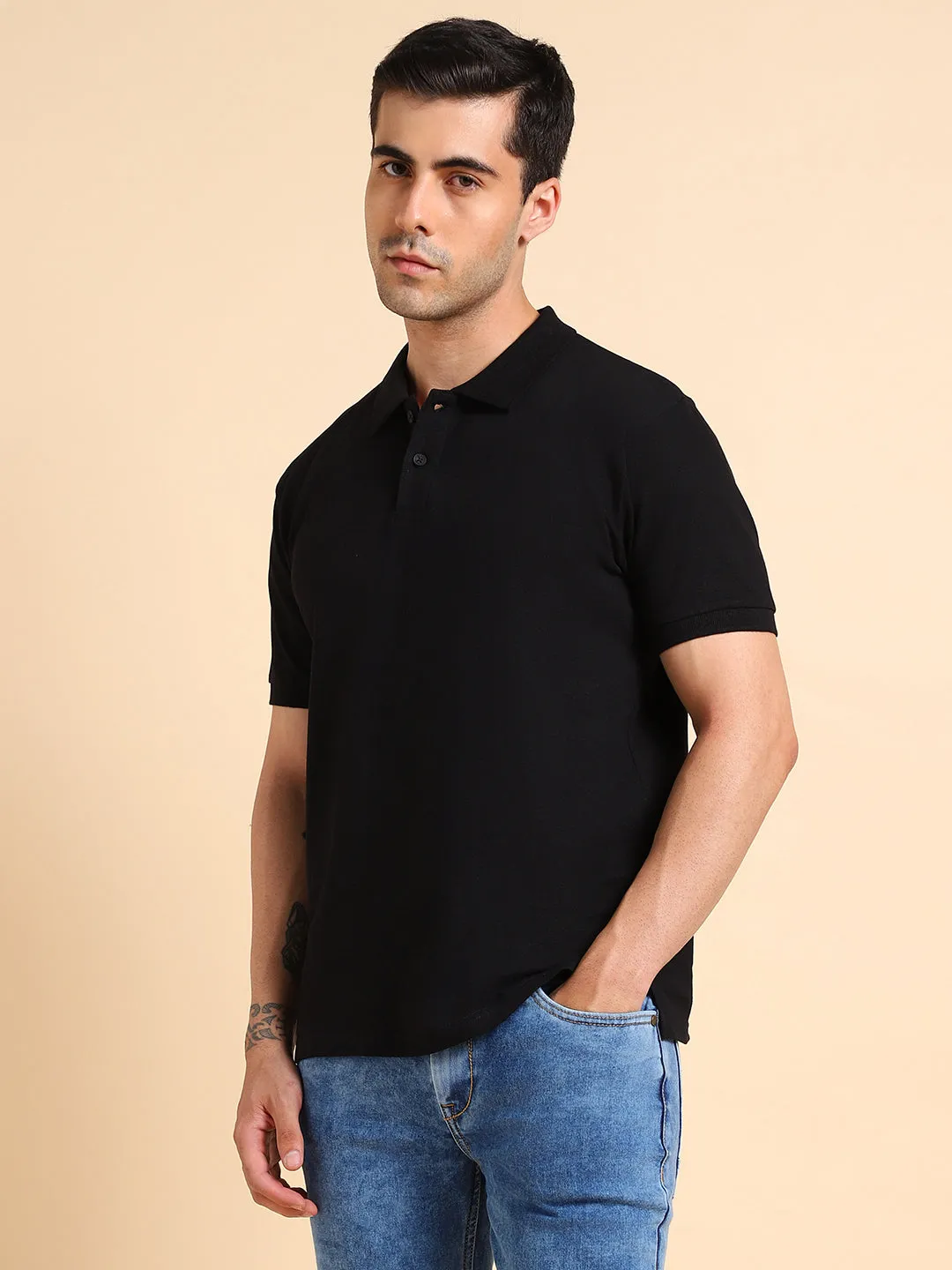 Men's Solid Black Polo Collar T-shirt