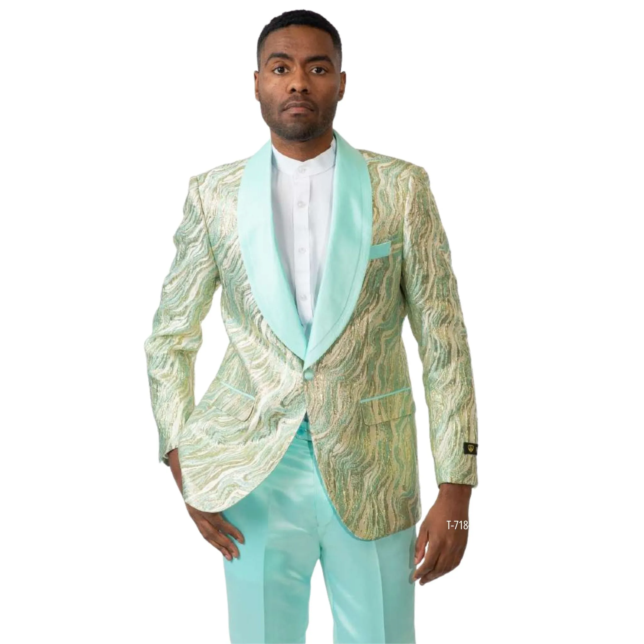 Mint Green & Gold Patterned Tuxedo Blazer – Luxury Prom & Wedding Jacket