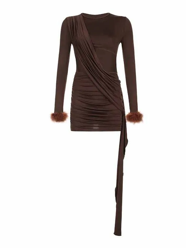 Momnfancy Chic Brown Cutout Side Draped Ruffle Feather Fluffy Babyshower Maternity Party Mini Dress