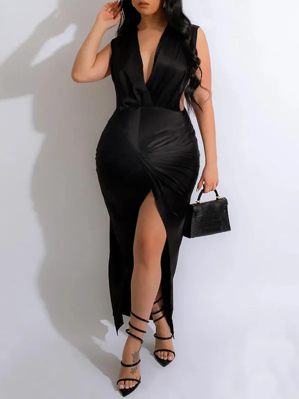 Momnfancy Satin Irregular Ruched Cut Out Slit Backless Deep V-neck Chic Club Maternity Baby Shower Party Maxi Dress