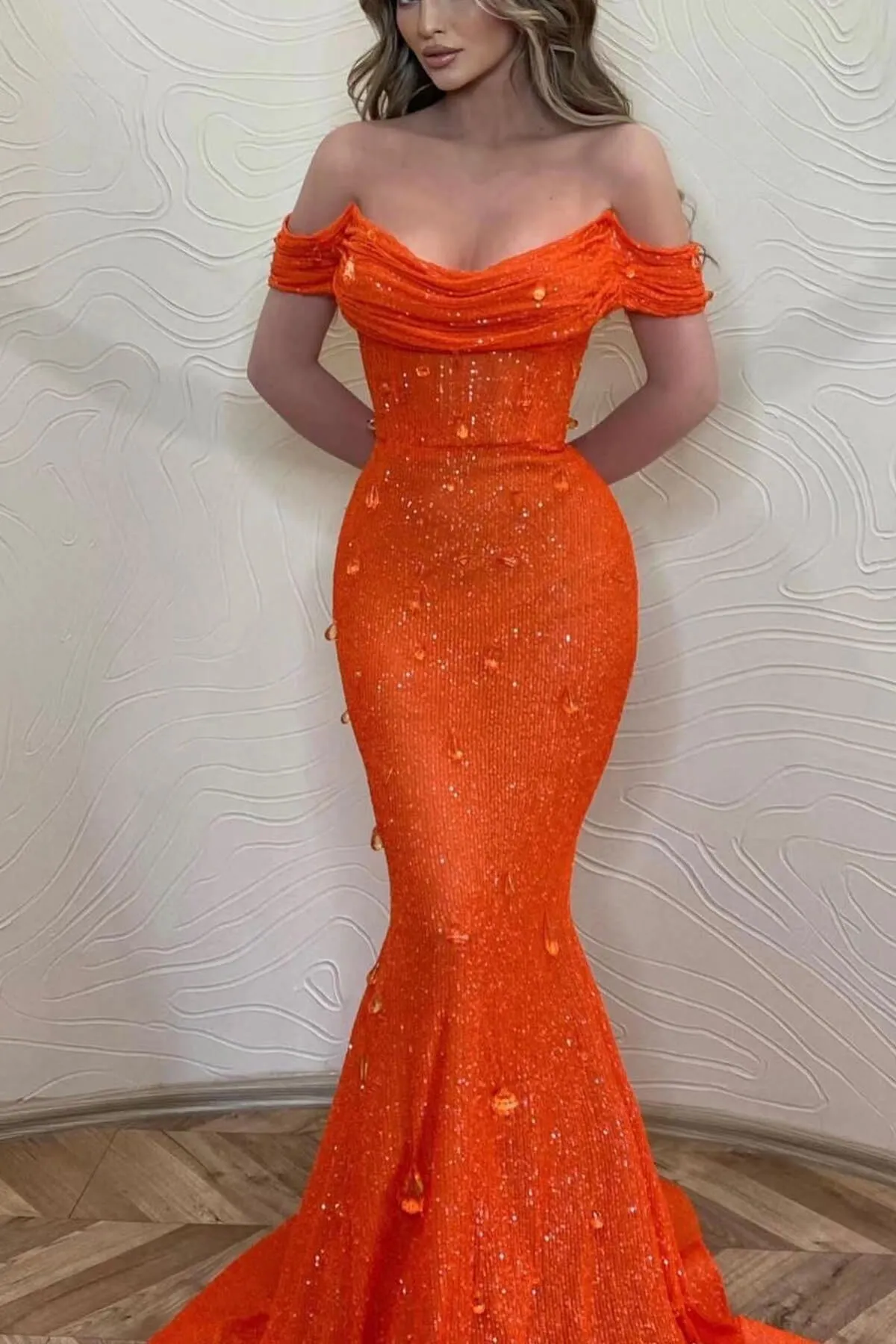 Orange Long Mermaid Off The Shoulder Sequins Prom Dress