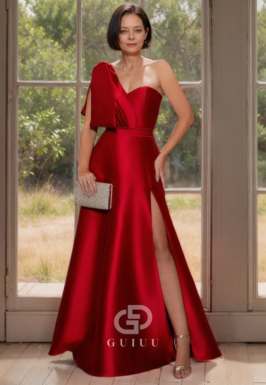 Pleated Asymmetrical A-Line Mother of Bride Dress Side Slit Simple Formal Dress