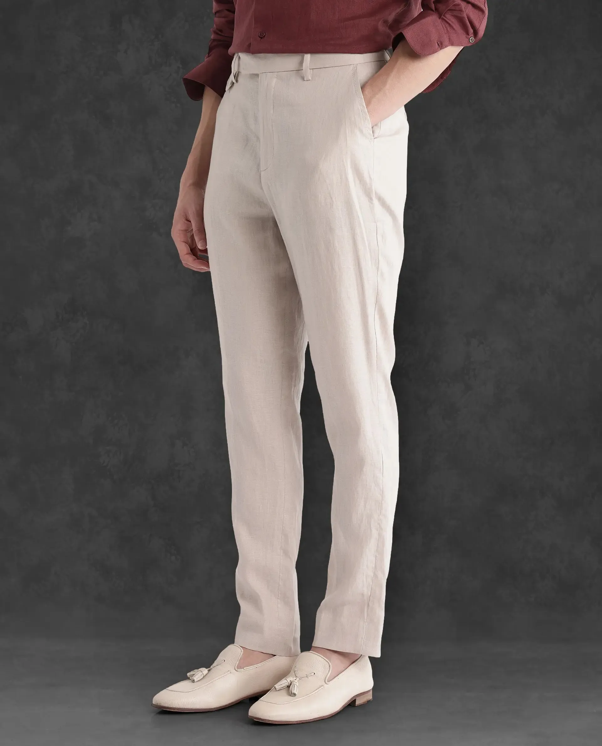 Rare Rabbit Men Arcelo-2 Beige Linen Mid Rise Regular Fit Solid Trousers