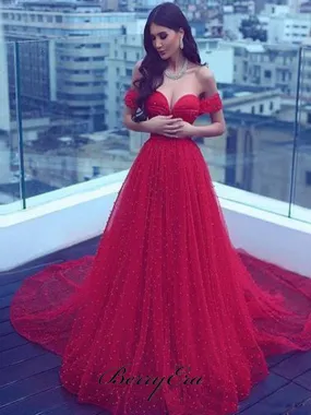 Red Color Off the Shoulder Wedding Dresses, Pearls Trendy Wedding Dresses