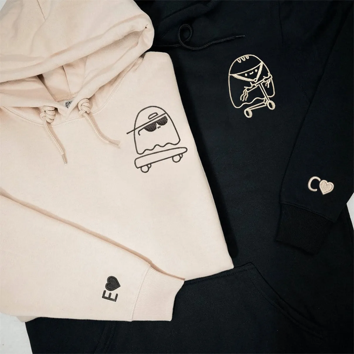 Skater and Scooter Ghost Couple Hoodies - Custom Embroidered Matching Hoodies For Couples