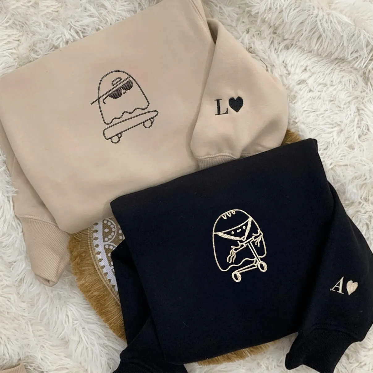 Skater and Scooter Ghost Couple Hoodies - Custom Embroidered Matching Hoodies For Couples