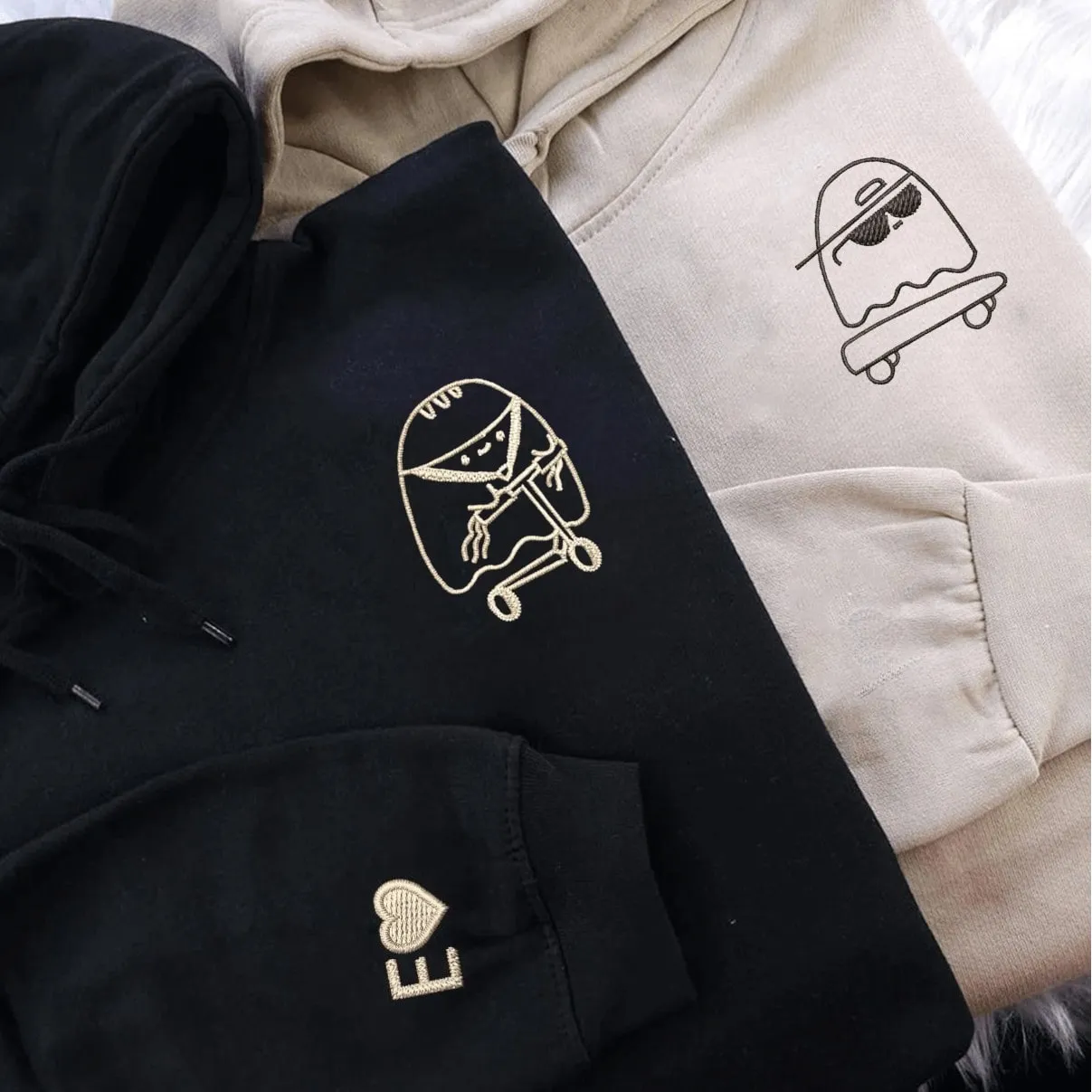 Skater and Scooter Ghost Couple Hoodies - Custom Embroidered Matching Hoodies For Couples