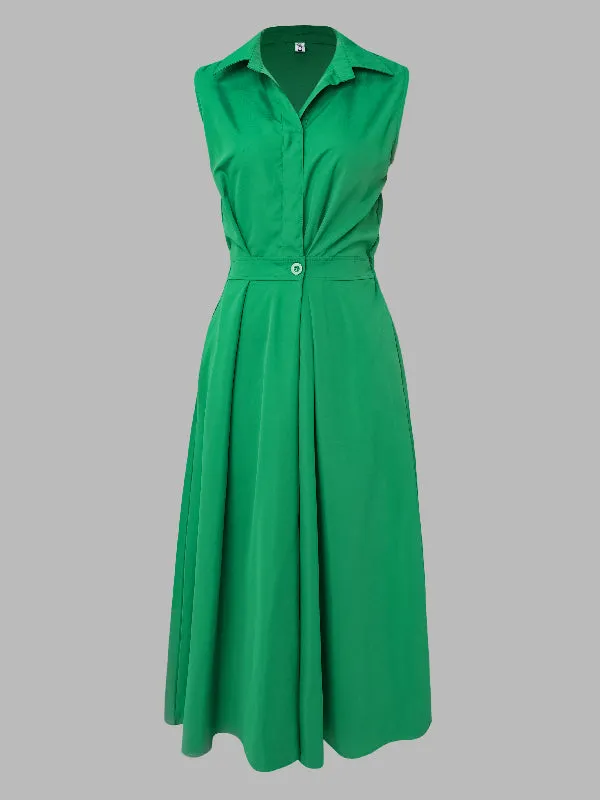 Sleeveless Solid Color Trendy Lapel Midi Dresses