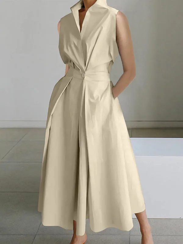 Sleeveless Solid Color Trendy Lapel Midi Dresses