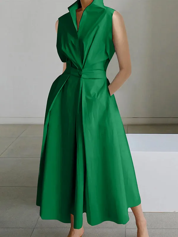 Sleeveless Solid Color Trendy Lapel Midi Dresses