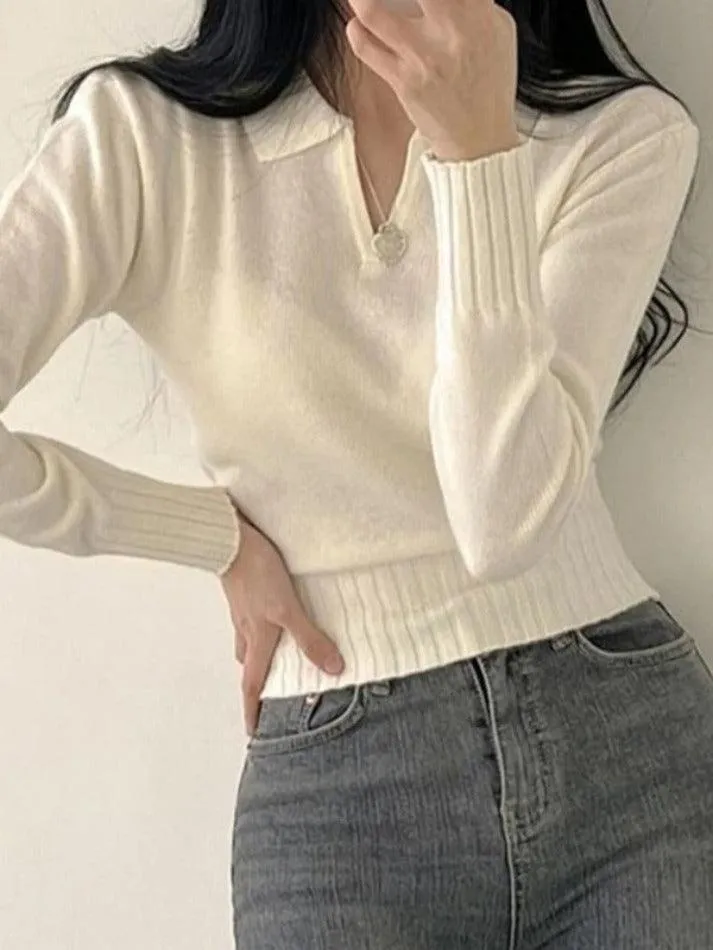 Solid Color V Neck Slim Short Polo Sweater