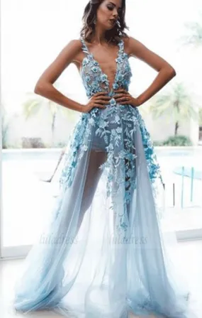 Spaghetti Straps Blue Long Prom Dress Appliques Evening Gowns Backless