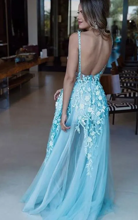 Spaghetti Straps Blue Long Prom Dress Appliques Evening Gowns Backless