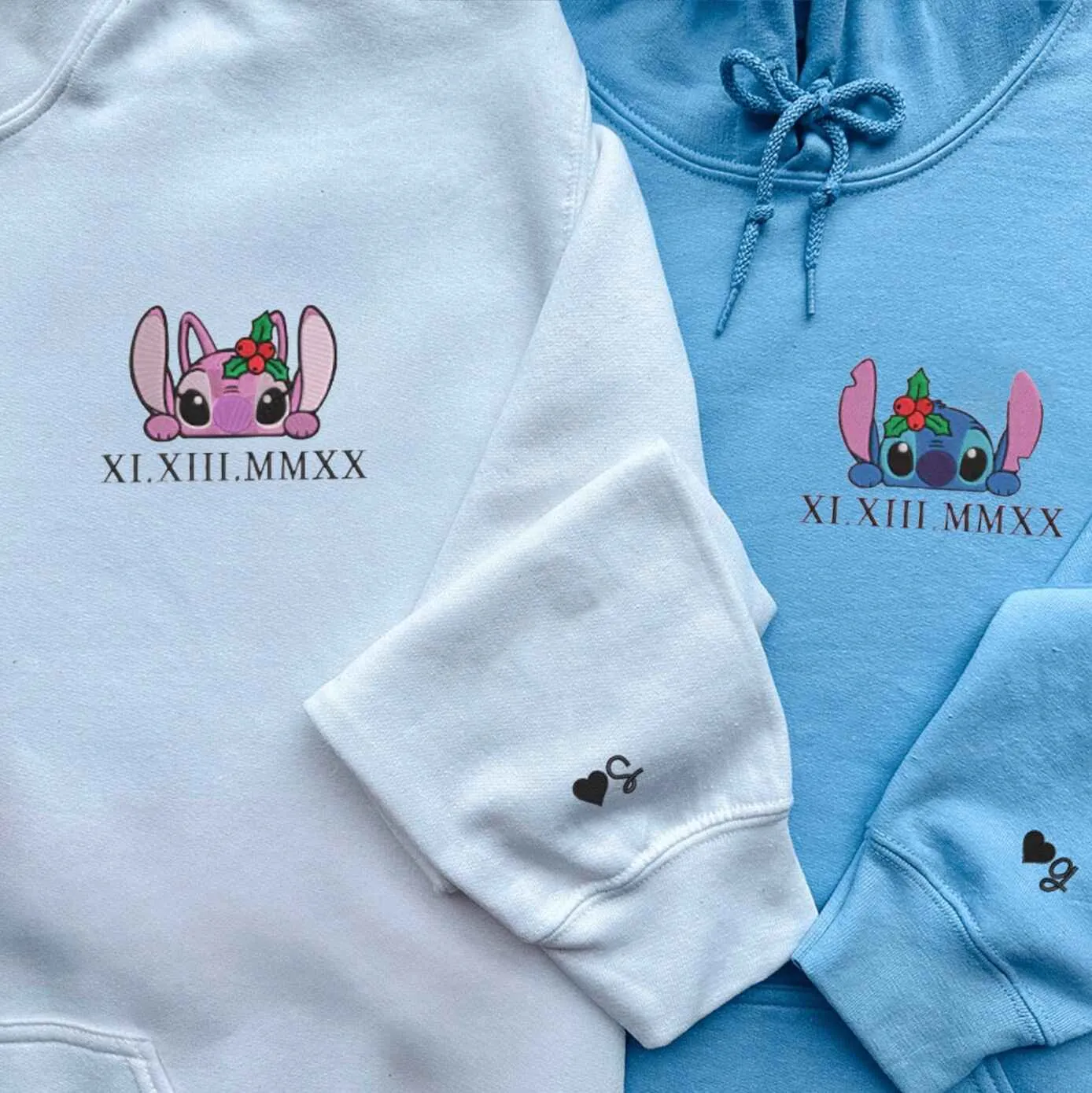 Stitch x Angel Roman Numeral Couple Hoodies - Custom Embroidered Matching Hoodies For Couples