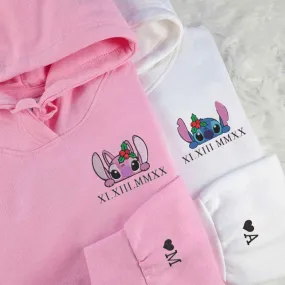 Stitch x Angel Roman Numeral Couple Hoodies - Custom Embroidered Matching Hoodies For Couples