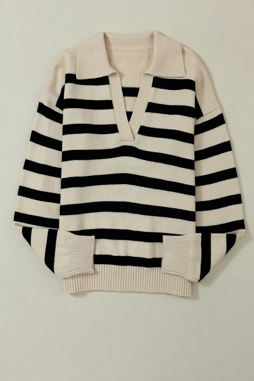 Striped Knit Collared V Neck Sweater