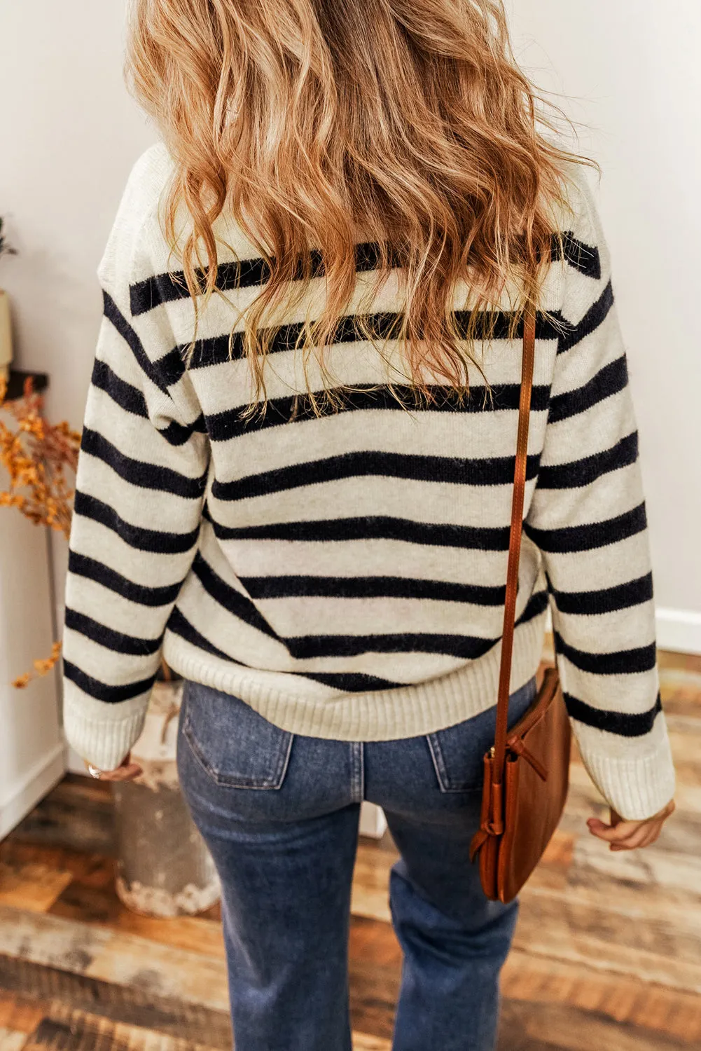 Striped Knit Collared V Neck Sweater