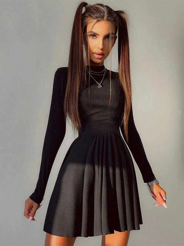 Trendy Cutout Design Fit & Flare Mini Dress with Long Sleeves