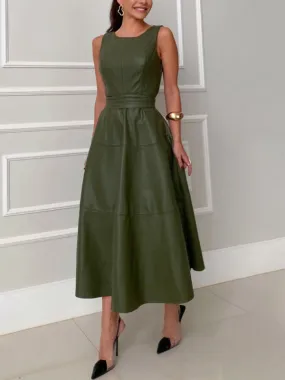 Trendy Fall Faux Leather Midi Dress with Belt