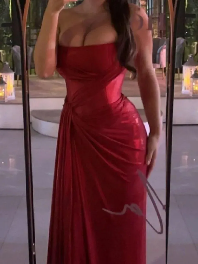 Trendy Red Metallic Strapless Gala Gown with Waist Knot