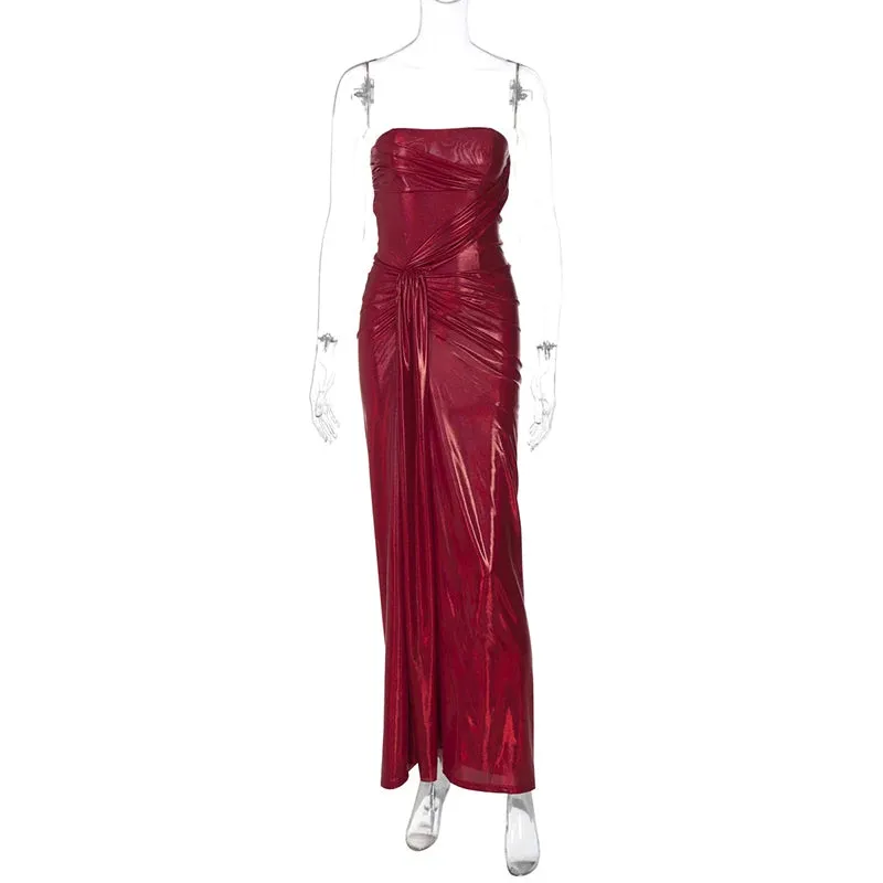 Trendy Red Metallic Strapless Gala Gown with Waist Knot